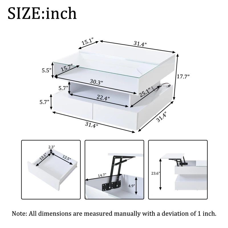 Lift-Top Coffee Table with App-Controlled LED Lighting, Space-Saving Center Table for Compact Homes, 31.5'' L x 31.5'' W x 17.5'' H, White