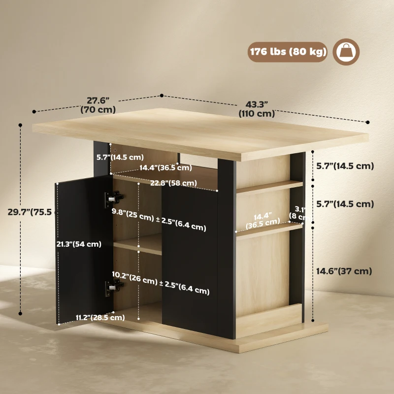 HOMCOM Kitchen Island Dining Table with Storage Cabinet, Large Tabletop for 4 People, 4-Door Cupboard & Shelves, Black