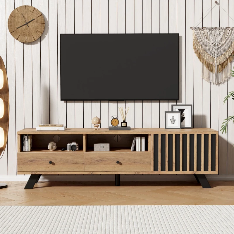 Modern Wood-Grain TV Stand for up to 65-Inch TVs, Sturdy TV Cabinet with Particleboard Construction, 59" L x 15" W x 17.5" H, Wood