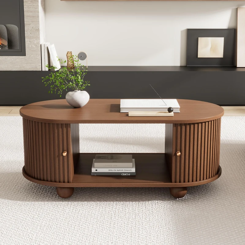 Wood Oval Coffee Table with Space-Saving Design, Stylish Center Table with Hidden Compartment, 39.5" L x 19.5" W x 15.5" H, Wood