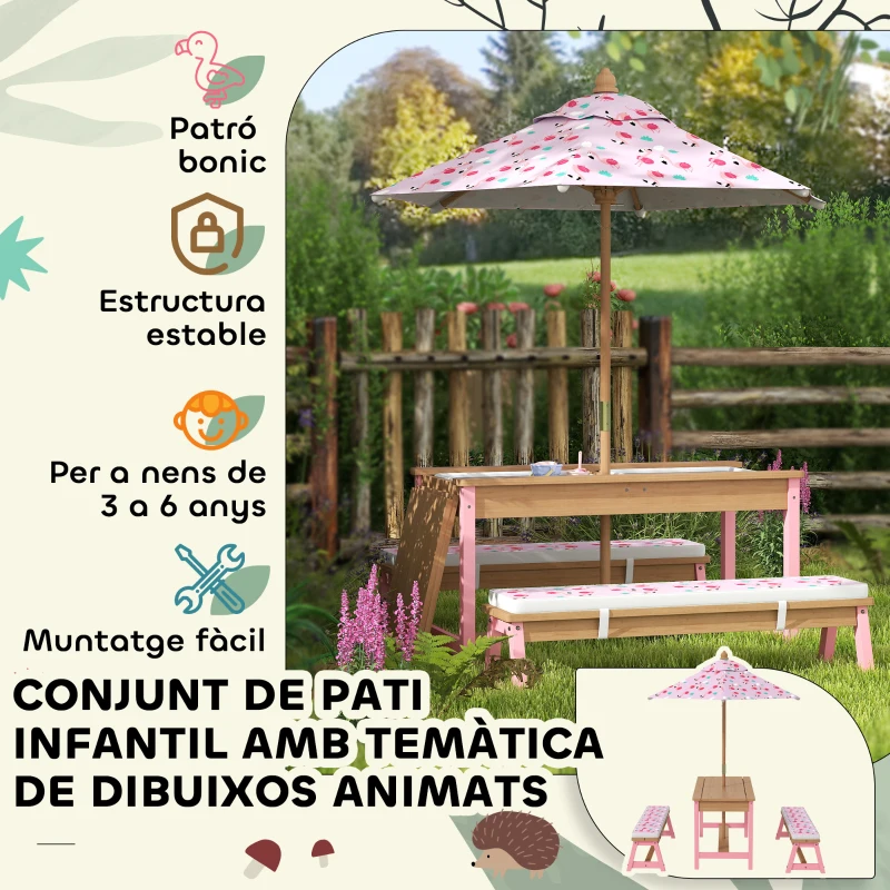 Qaba Kids Picnic Table and Bench Set with Removable Umbrella, Cushions & Boxes, Flamingo Theme for Outdoor, Pink