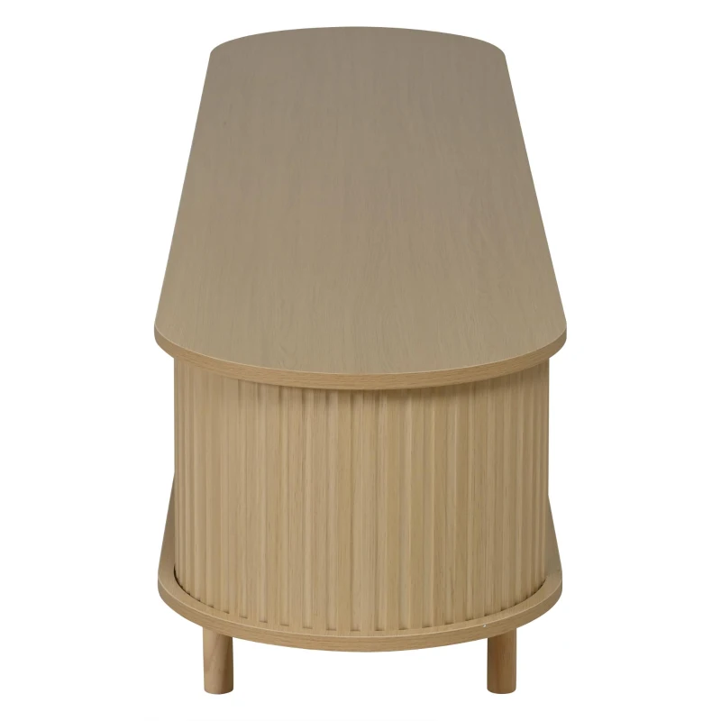 Oval TV Stand with Rattan Drawer and 2 Sliding Doors, Compact Media Console with Adjustable Feet, 71'' L x 15.5'' W x 15.5'' H, Light Oak