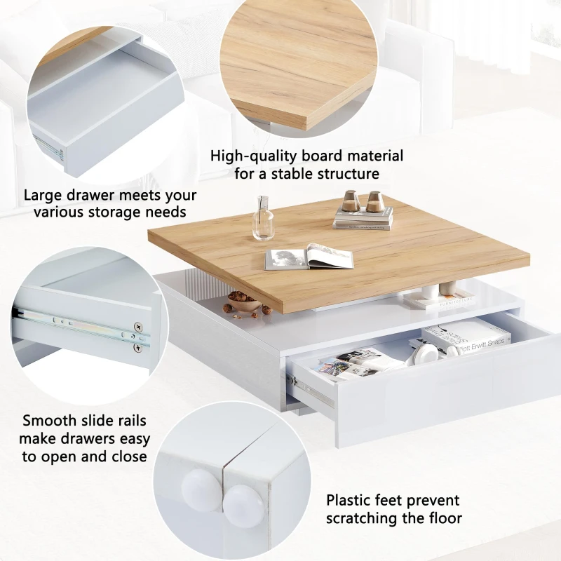 Square Rotating Coffee Table with Double-Layer Storage, Multi-Use Center Table for Living Area, 27.5'' L x 27.5'' W x 14'' H, White+Oak