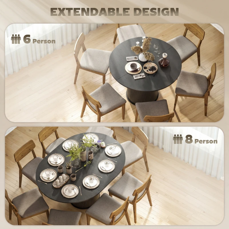 HOMCOM Extendable Kitchen Table for 6-8, 43.5"-59" Farmhouse Dining Table with Pedestal Base Black Wood Grain