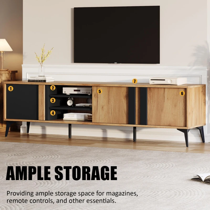 Modern TV Stand with 3 Doors and 3-Tier Open Shelving, Spacious TV Entertainment Center for Living Room, 70.5" L x 15.5" W x 19.5" H, Wood