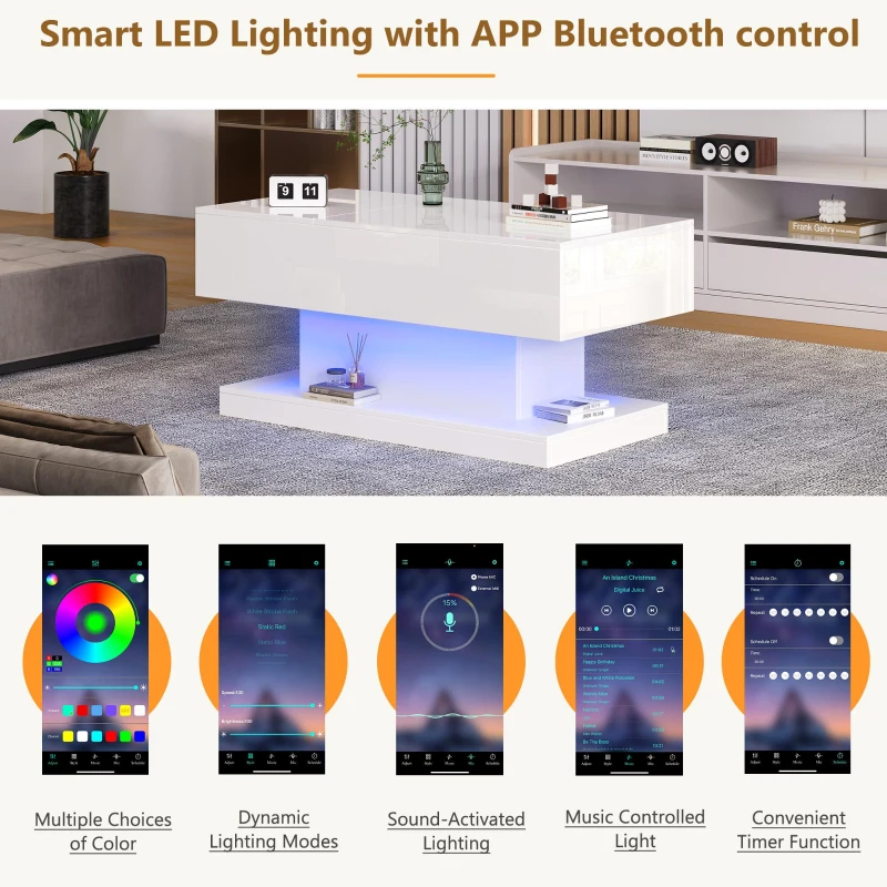Lift-Top Coffee Table with Sliding Extendable Desktop, Sleek Multi‑Use Table with USB/App-Controlled Lights, 39.5" L x 19.5" W x 17.5" H, White