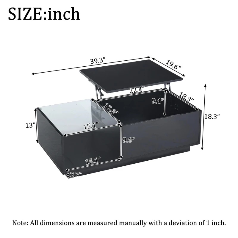 Lift-Up Coffee Table with App-Controlled LED Light and Half Glass Top, Modern Center Table for Living Room, 39.5" L x 19.5" W x 13" H, Black