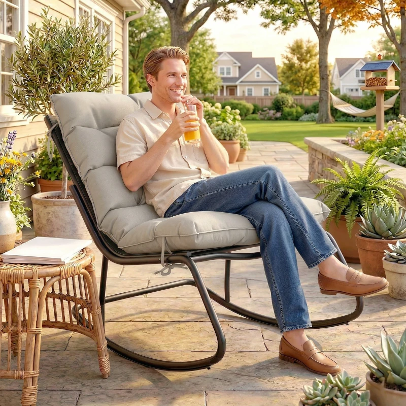 Outsunny Outdoor Rocking Chair, Oversized Rocking Patio Chair with 25" Extra Wide Mesh Seat and Cushion, Khaki