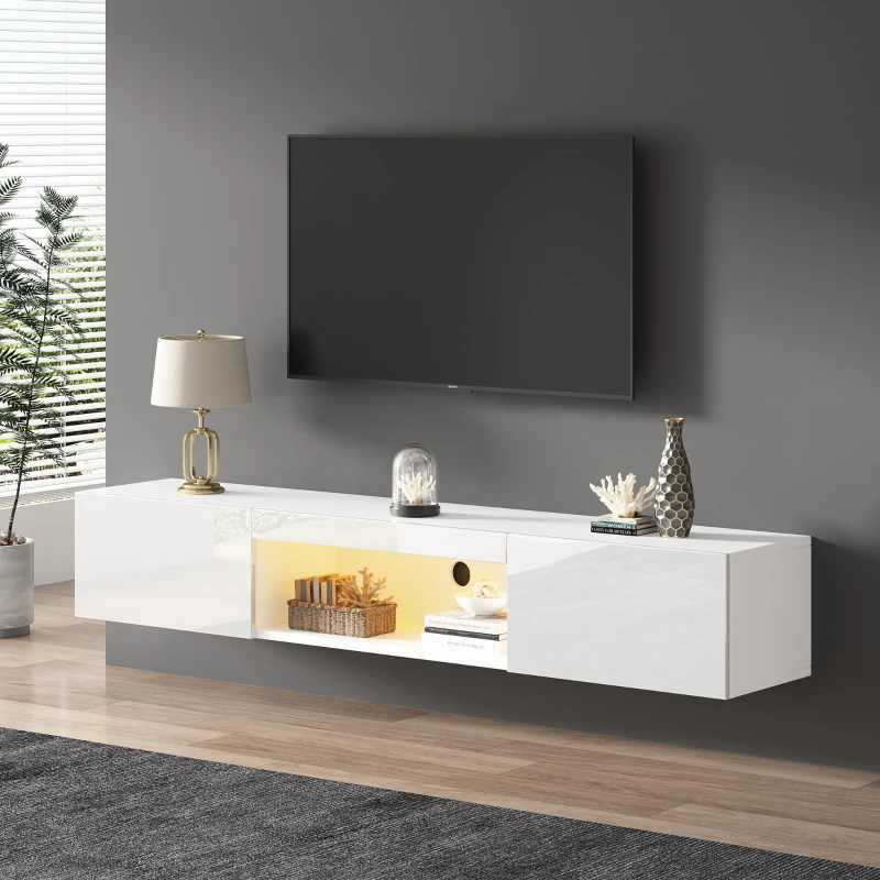 Floating TV Stand with High-Gloss Finish and LED Ambient Lighting, Sleek TV Cabinet with Pull-Down Doors, 63" L x 12" W x 8.5" H, White