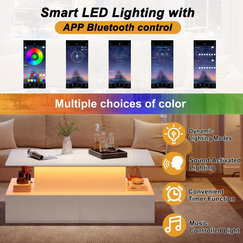 Sleek Lift-Up Coffee Table with LED Lighting and 4 Drawers, Durable Center Table for Living Room, 35.5" L x 21.5" W x 16.5" H, White