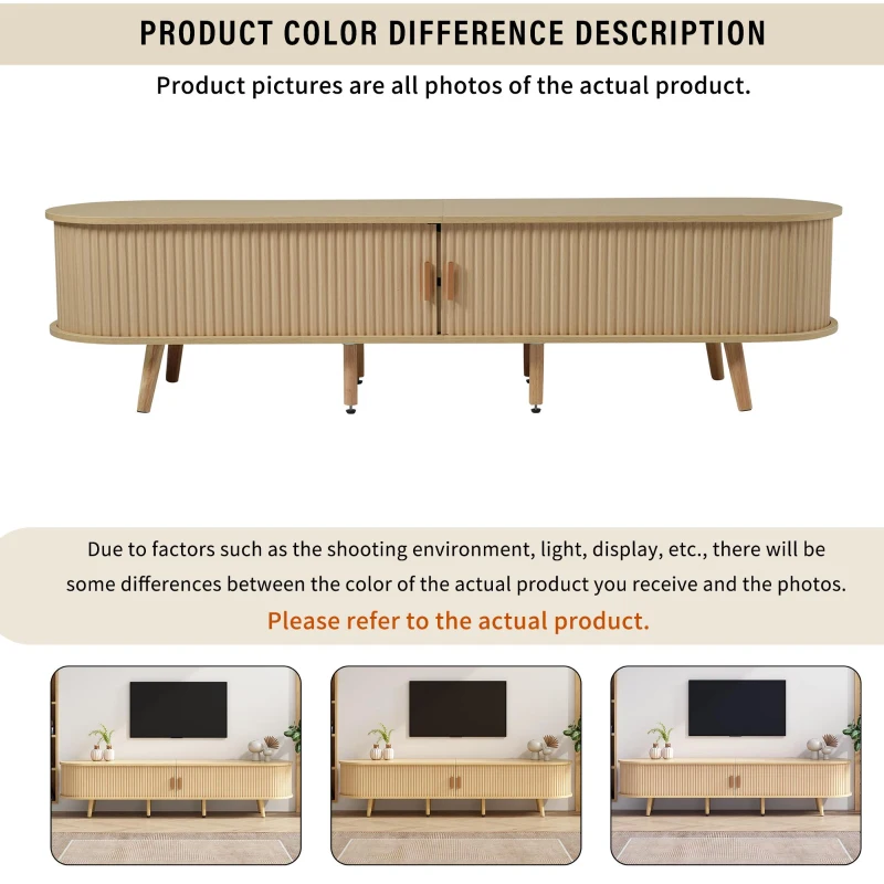 Stylish TV Stand with Rounded Corners and Oval Top, Versatile TV Cabinet for Living Room, 69" L x 15.5" W x 16.5" H, Natural Wood