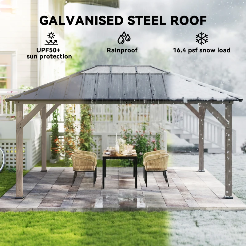 Outsunny 12' x 16' Hardtop Gazebo with Galvanized Steel Roof, UPF50+ Wood Permanent Pavilion with Clear Roof Top, Light Walnut