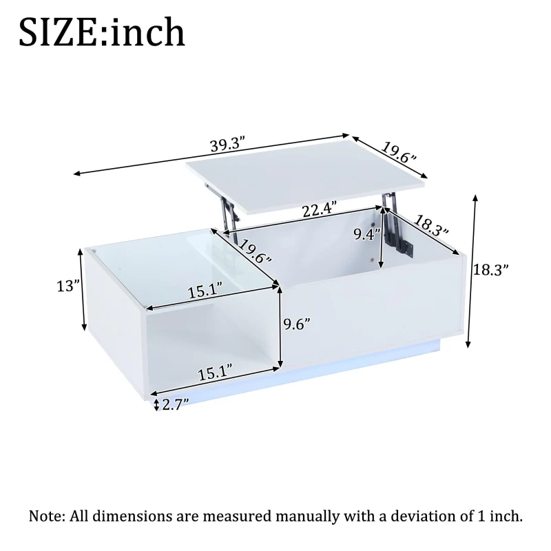 Lift-Up Coffee Table with App-Controlled LED Light and Half Glass Top, Modern Center Table for Living Room, 39.5" L x 19.5" W x 13" H, White
