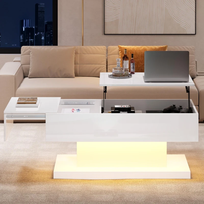 Lift-Top Coffee Table with Sliding Extendable Desktop, Sleek Multi‑Use Table with USB/App-Controlled Lights, 39.5" L x 19.5" W x 17.5" H, White