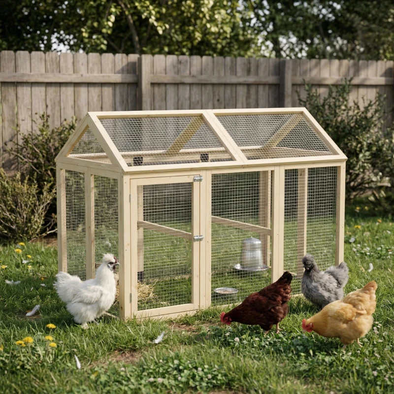 PawHut Wooden Chicken Run, Combinable Design with Perches, 4.6' x 2.8', Nature Wood