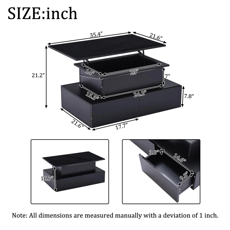 Sleek Lift-Up Coffee Table with LED Lighting and 4 Drawers, Durable Center Table for Living Room, 35.5" L x 21.5" W x 16.5" H, Black