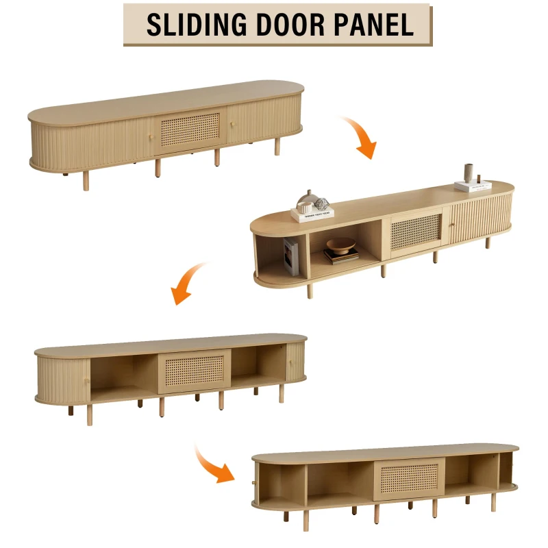 Oval TV Stand with Rattan Drawer and 2 Sliding Doors, Compact Media Console with Adjustable Feet, 71'' L x 15.5'' W x 15.5'' H, Light Oak