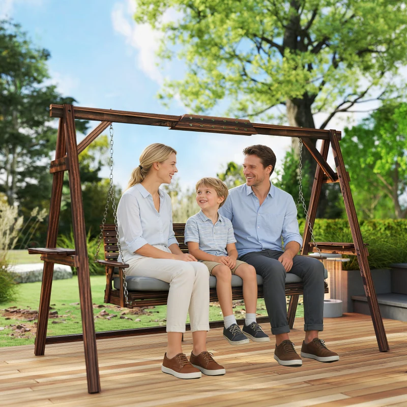 Outsunny 3 Seat Wooden Porch Swing with Stand, Patio Swing with Cushion, for Garden, Poolside, Backyard, Carbonized Brown