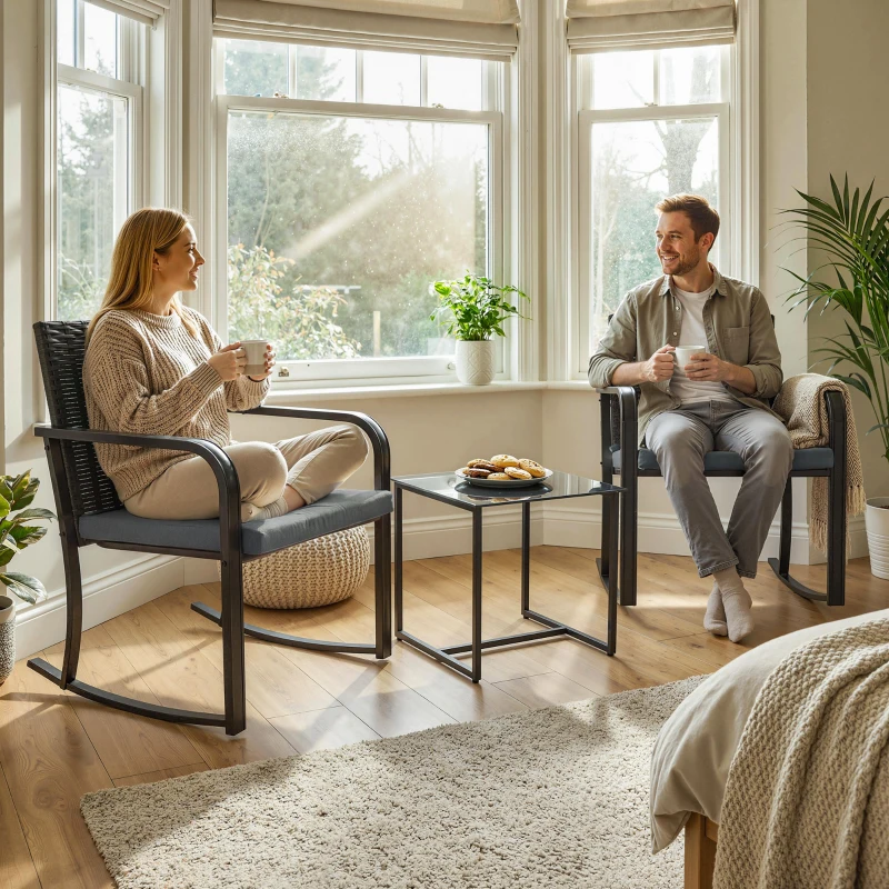 Outsunny 3 Pieces Rocking Bistro Set Outdoor Patio Furniture Set with Cushions, Glass Coffee Table for Balcony, Grey