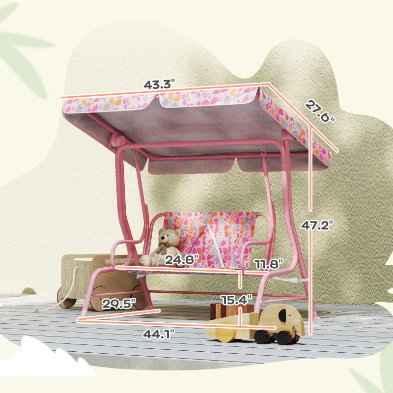 Qaba Kids Patio Swing, 2-Seater Outdoor Porch Swing with Safety Belt and Adjustable Canopy for Backyard Garden, Pink