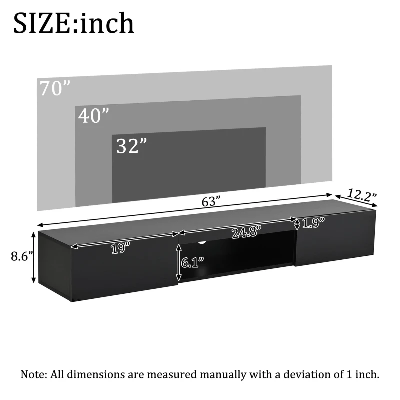 Floating TV Stand with High-Gloss Finish and LED Ambient Lighting, Sleek TV Cabinet with Pull-Down Doors, 63" L x 12" W x 8.5" H, Black