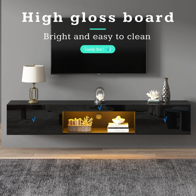 Floating TV Stand with High-Gloss Finish and LED Ambient Lighting, Sleek TV Cabinet with Pull-Down Doors, 63" L x 12" W x 8.5" H, Black