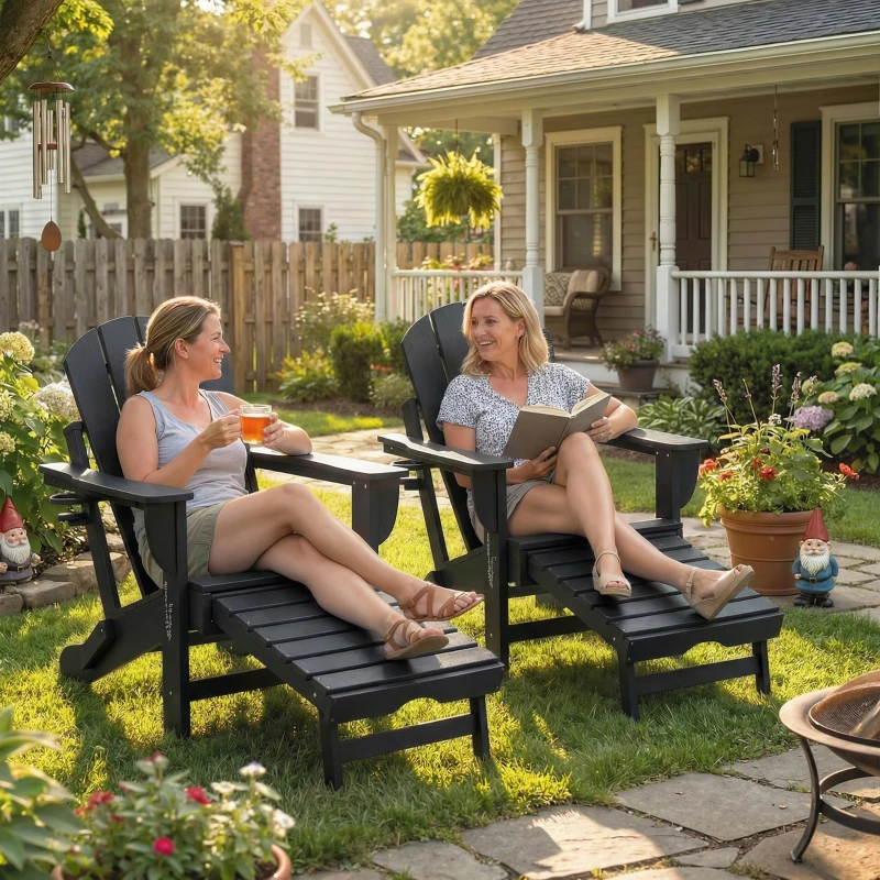 Outsunny Folding Adirondack Chair Set of 2, HDPE Fire Pit Chair with Retractable Ottoman and Cup Holder, Black
