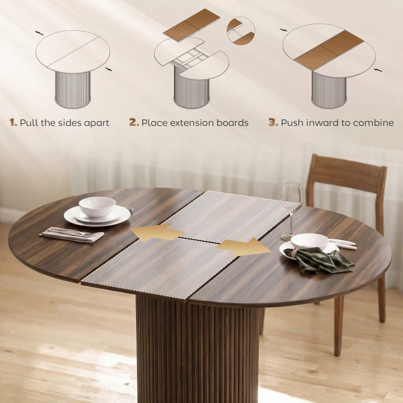 HOMCOM Extendable Kitchen Table for 6-8, 43.5"-59" Farmhouse Dining Table with Pedestal Base Walnut Wood Grain