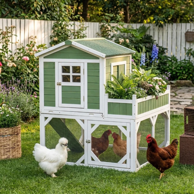 PawHut 49" Small Chicken Coop Hen House with Garden Space, Chicken House Outdoor Run Cage with Weather Protection, 2-4 Birds, Green