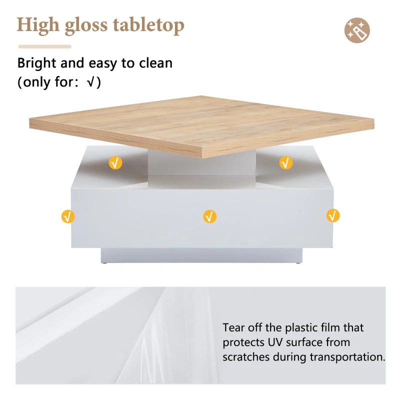 Square Rotating Coffee Table with Double-Layer Storage, Multi-Use Center Table for Living Area, 27.5'' L x 27.5'' W x 14'' H, White+Oak