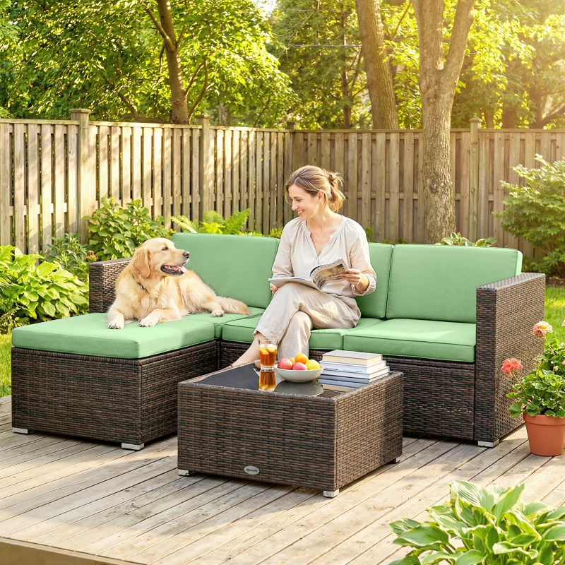 Outsunny 3 Pieces Patio Furniture Set with Cushions, Outdoor PE Rattan Wicker Conversation Corner Sofa Set, Light Green