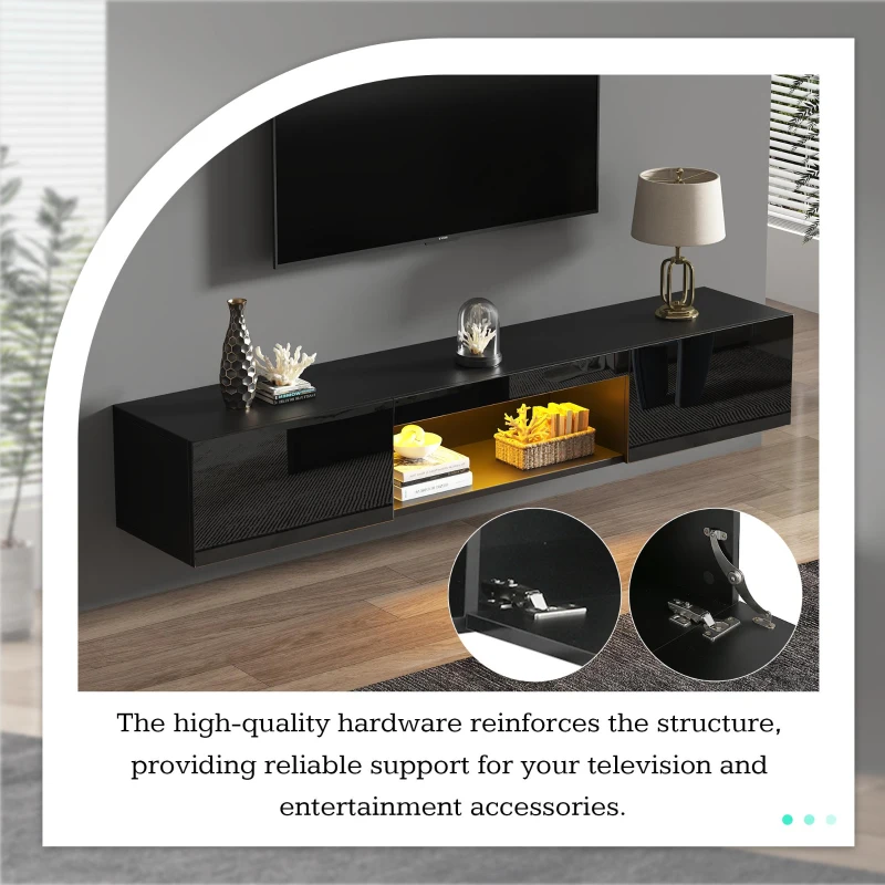 Floating TV Stand with High-Gloss Finish and LED Ambient Lighting, Sleek TV Cabinet with Pull-Down Doors, 63" L x 12" W x 8.5" H, Black