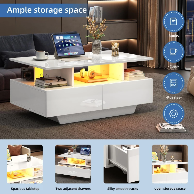High-Gloss Coffee Table with Built-In LED Light and 2 Drawers, Minimalist Centre Table with Open Storage, 35.5'' L x 21.5'' W x 16'' H, White