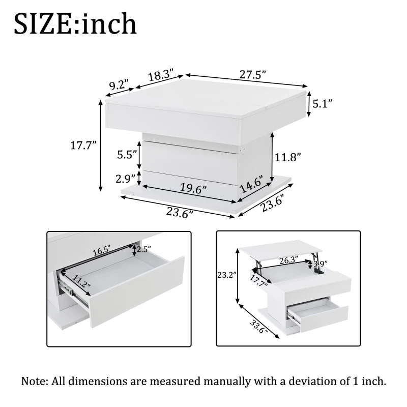 Rotating Lift-Top Coffee Table with Height-Adjustable Top, Space-Saving Side Table with Hidden Storage, 27.5'' L x 27.5'' W x 17.5'' H, White