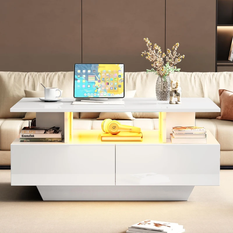 High-Gloss Coffee Table with Built-In LED Light and 2 Drawers, Minimalist Centre Table with Open Storage, 35.5'' L x 21.5'' W x 16'' H, White
