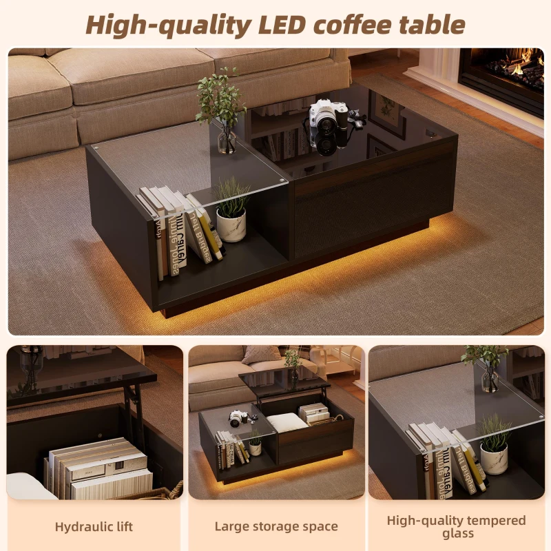 Lift-Up Coffee Table with App-Controlled LED Light and Half Glass Top, Modern Center Table for Living Room, 39.5" L x 19.5" W x 13" H, Black