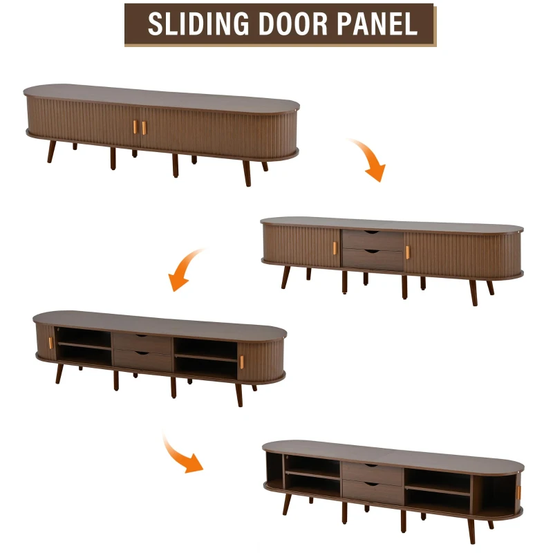 Stylish TV Stand with Rounded Corners and Oval Top, Versatile TV Cabinet for Living Room, 69" L x 15.5" W x 16.5" H, Dark Oak