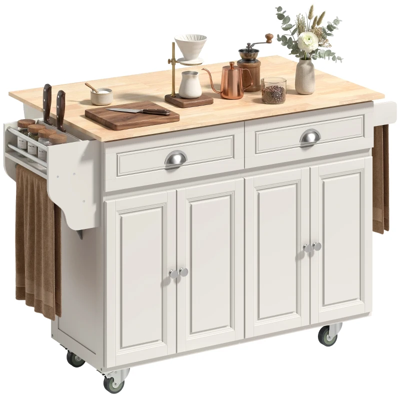 HOMCOM Rolling Kitchen Island Cart with Drop Leaf, Kitchen Cart on Wheels with Wood Top, 2 Drawers and 2 Storage Cabinets, Island Table for Kitchen, Dining Room, Cream White
