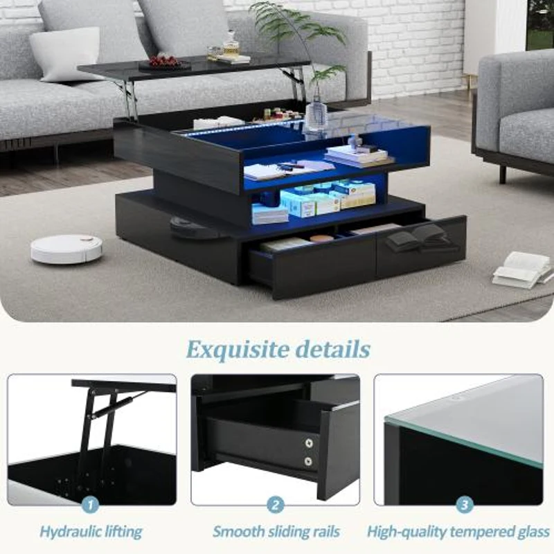 Lift-Up Coffee Table with App-Controlled LED Lighting, Space-Saving Center Table for Compact Homes, 31.5'' L x 31.5'' W x 17.5'' H, Black