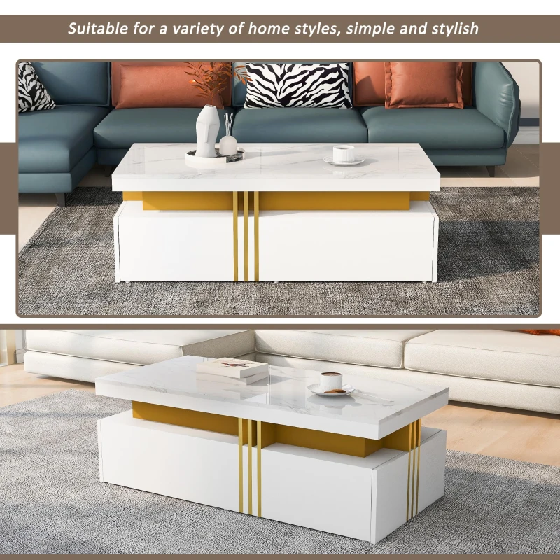 Minimalist Coffee Table with 2 Drawers and High-Gloss Finish, Multi-Use Side Table for Living Spaces, 39.5'' L x 19.5'' W x 15.5'' H, White