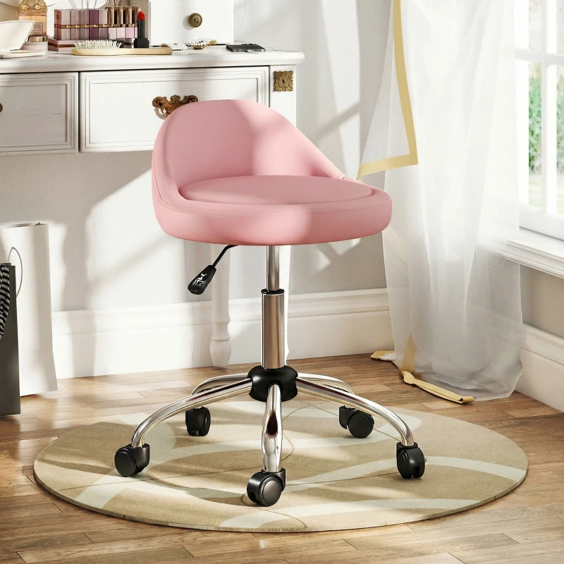 HOMCOM Salon Stool, Adjustable Rolling Stool, Pink