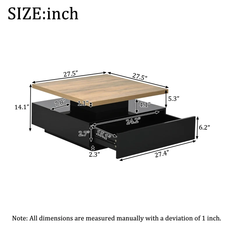 Square Rotating Coffee Table with 360° Rotating Tabletop, Durable Center Table for Livng or Reception Areas, 27.5'' L x 27.5'' W x 14'' H, Black