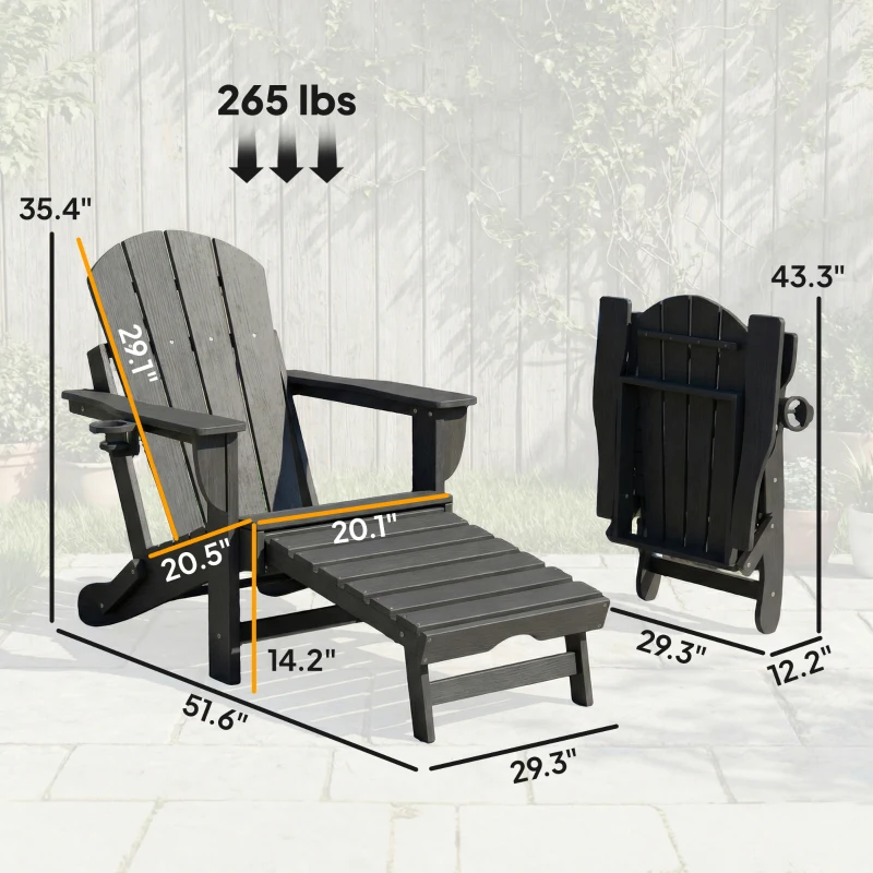 Outsunny Folding Adirondack Chair Set of 2, HDPE Fire Pit Chair with Retractable Ottoman and Cup Holder, Black