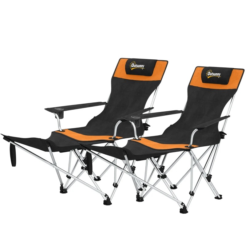 Outsunny Set of 2 Reclining Camping Chair with Foot Rest, Folding Camping Chair w/ Headrest, Cup Holder, Storage Bag, Orange
