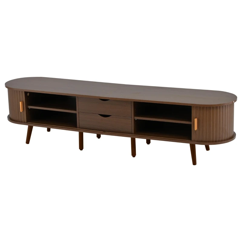 Stylish TV Stand with Rounded Corners and Oval Top, Versatile TV Cabinet for Living Room, 69" L x 15.5" W x 16.5" H, Dark Oak