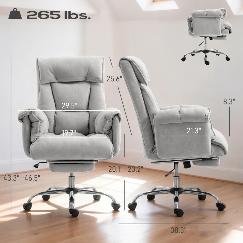 HOMCOM High Back Office Chair, Reclining Desk Chair with Footrest, High Resilience Foam, Rolling Wheels, Light Taupe Gray