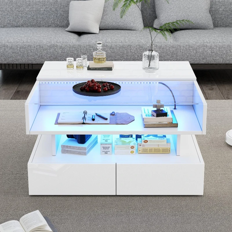 Lift-Top Coffee Table with App-Controlled LED Lighting, Space-Saving Center Table for Compact Homes, 31.5'' L x 31.5'' W x 17.5'' H, White