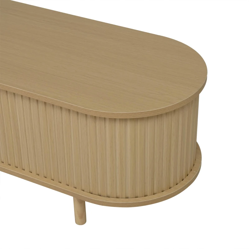 Oval TV Stand with Rattan Drawer and 2 Sliding Doors, Compact Media Console with Adjustable Feet, 71'' L x 15.5'' W x 15.5'' H, Light Oak