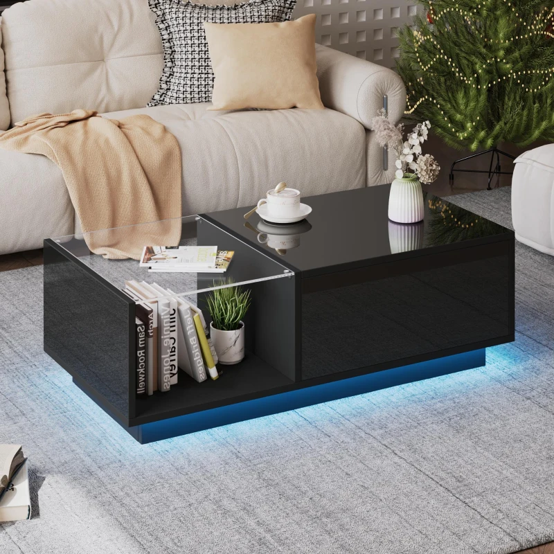 Lift-Up Coffee Table with App-Controlled LED Light and Half Glass Top, Modern Center Table for Living Room, 39.5" L x 19.5" W x 13" H, Black