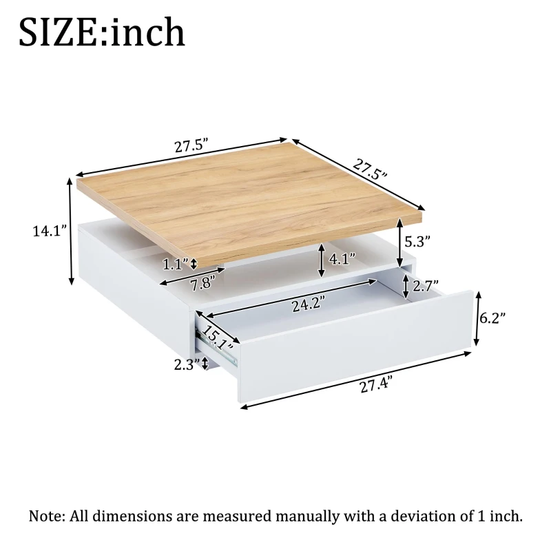 Square Rotating Coffee Table with Double-Layer Storage, Multi-Use Center Table for Living Area, 27.5'' L x 27.5'' W x 14'' H, White+Oak